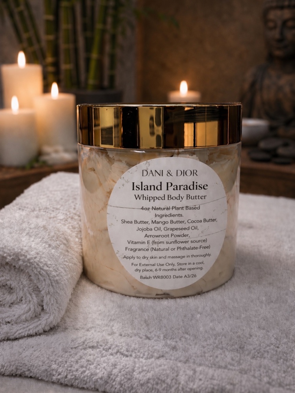 4oz Island Paradise Whipped Body Butter Jar too may be gold, black or white